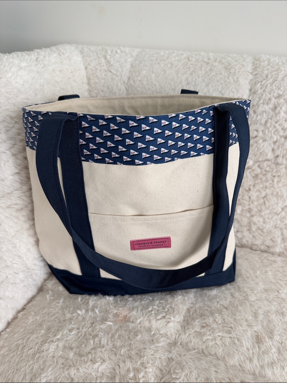 Vineyard Vines Cream and Navy Canvas Tote with Pink Logo